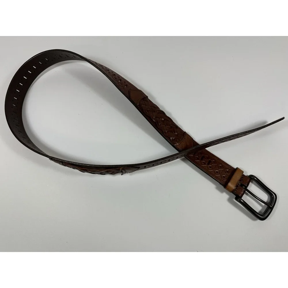 Western Belt Mens 34-36 Hand Tooled Braided Leather Tan Brown Vtg